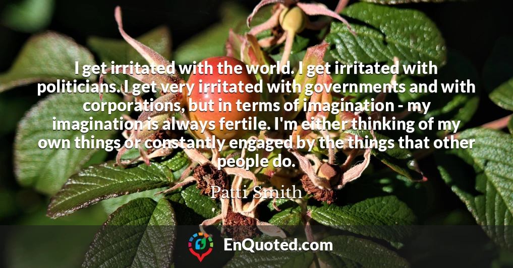 I get irritated with the world. I get irritated with politicians. I get very irritated with governments and with corporations, but in terms of imagination - my imagination is always fertile. I'm either thinking of my own things or constantly engaged by the things that other people do.