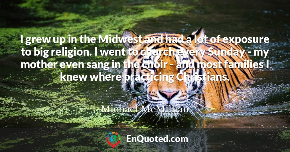 I grew up in the Midwest and had a lot of exposure to big religion. I went to church every Sunday - my mother even sang in the choir - and most families I knew where practicing Christians.
