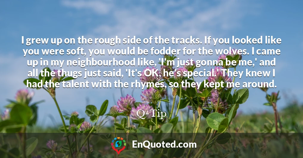 I grew up on the rough side of the tracks. If you looked like you were soft, you would be fodder for the wolves. I came up in my neighbourhood like, 'I'm just gonna be me,' and all the thugs just said, 'It's OK, he's special.' They knew I had the talent with the rhymes, so they kept me around.