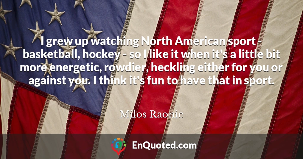 I grew up watching North American sport - basketball, hockey - so I like it when it's a little bit more energetic, rowdier, heckling either for you or against you. I think it's fun to have that in sport.