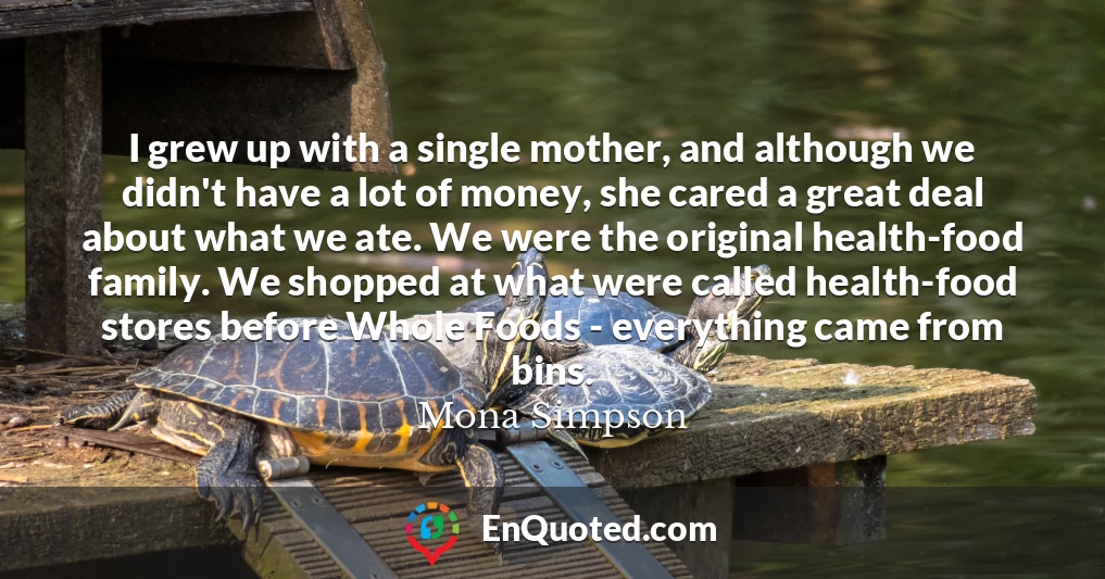 I grew up with a single mother, and although we didn't have a lot of money, she cared a great deal about what we ate. We were the original health-food family. We shopped at what were called health-food stores before Whole Foods - everything came from bins.