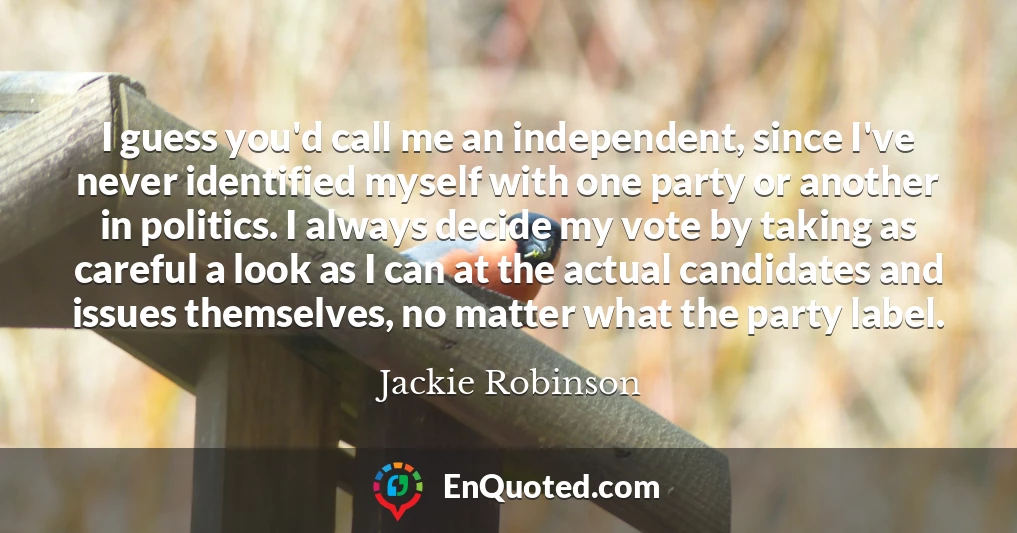 I guess you'd call me an independent, since I've never identified myself with one party or another in politics. I always decide my vote by taking as careful a look as I can at the actual candidates and issues themselves, no matter what the party label.