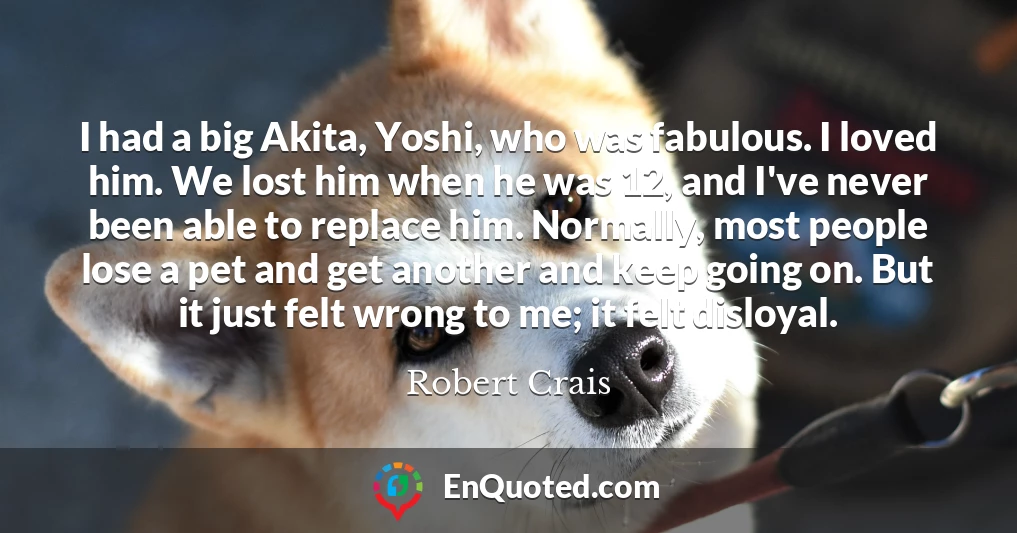 I had a big Akita, Yoshi, who was fabulous. I loved him. We lost him when he was 12, and I've never been able to replace him. Normally, most people lose a pet and get another and keep going on. But it just felt wrong to me; it felt disloyal.