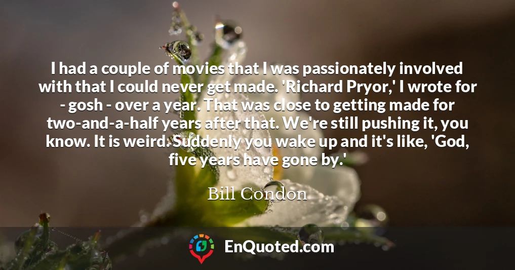 I had a couple of movies that I was passionately involved with that I could never get made. 'Richard Pryor,' I wrote for - gosh - over a year. That was close to getting made for two-and-a-half years after that. We're still pushing it, you know. It is weird. Suddenly you wake up and it's like, 'God, five years have gone by.'