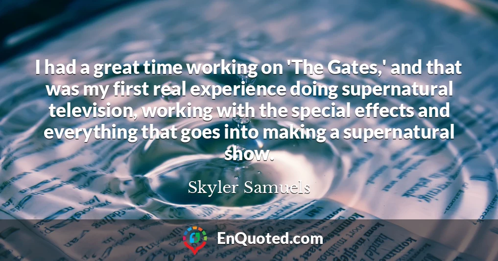 I had a great time working on 'The Gates,' and that was my first real experience doing supernatural television, working with the special effects and everything that goes into making a supernatural show.