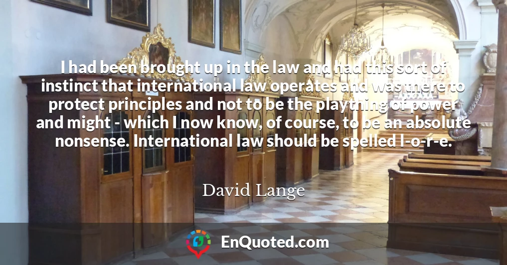 I had been brought up in the law and had this sort of instinct that international law operates and was there to protect principles and not to be the plaything of power and might - which I now know, of course, to be an absolute nonsense. International law should be spelled l-o-r-e.