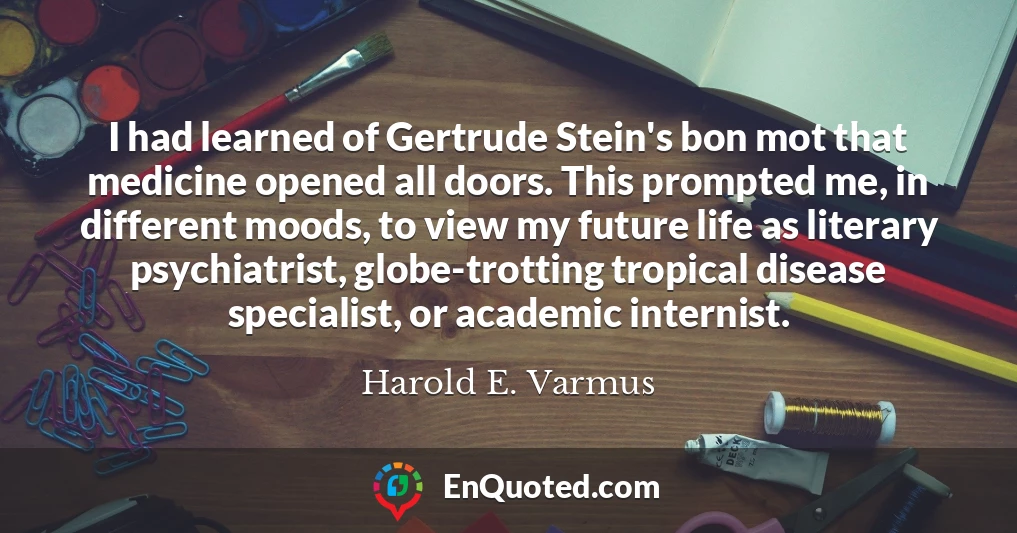 I had learned of Gertrude Stein's bon mot that medicine opened all doors. This prompted me, in different moods, to view my future life as literary psychiatrist, globe-trotting tropical disease specialist, or academic internist.