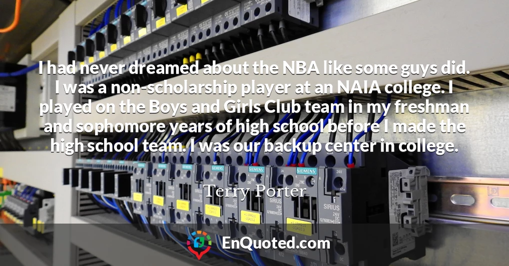 I had never dreamed about the NBA like some guys did. I was a non-scholarship player at an NAIA college. I played on the Boys and Girls Club team in my freshman and sophomore years of high school before I made the high school team. I was our backup center in college.