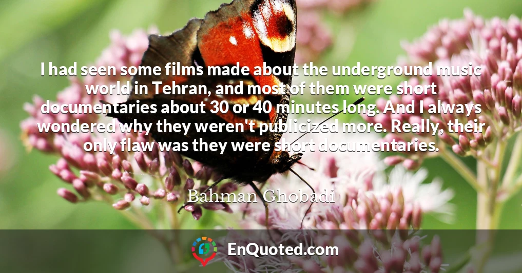 I had seen some films made about the underground music world in Tehran, and most of them were short documentaries about 30 or 40 minutes long. And I always wondered why they weren't publicized more. Really, their only flaw was they were short documentaries.