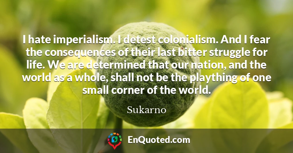 I hate imperialism. I detest colonialism. And I fear the consequences of their last bitter struggle for life. We are determined that our nation, and the world as a whole, shall not be the plaything of one small corner of the world.