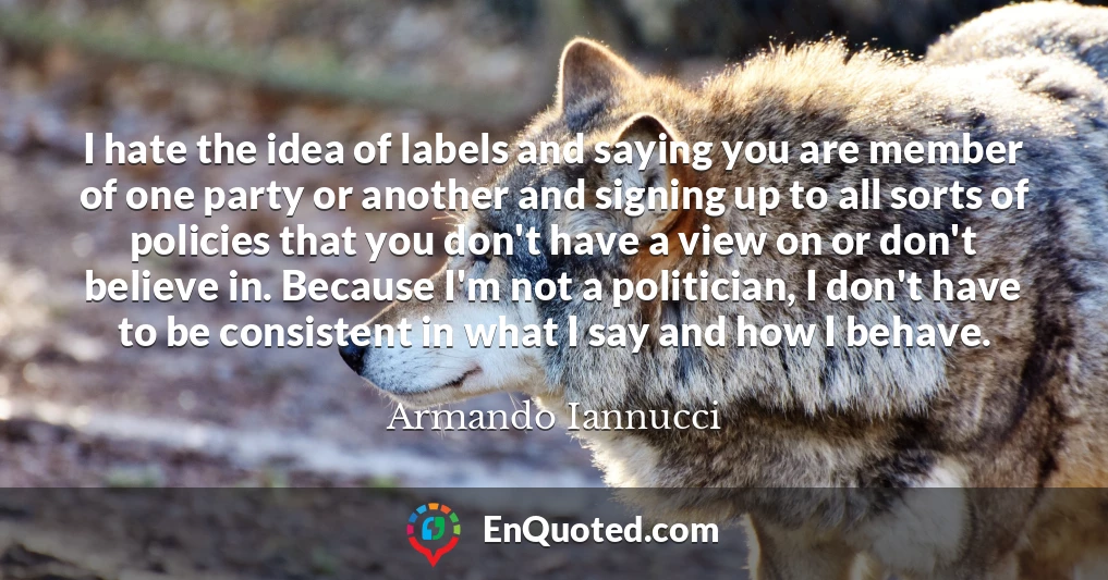 I hate the idea of labels and saying you are member of one party or another and signing up to all sorts of policies that you don't have a view on or don't believe in. Because I'm not a politician, I don't have to be consistent in what I say and how I behave.