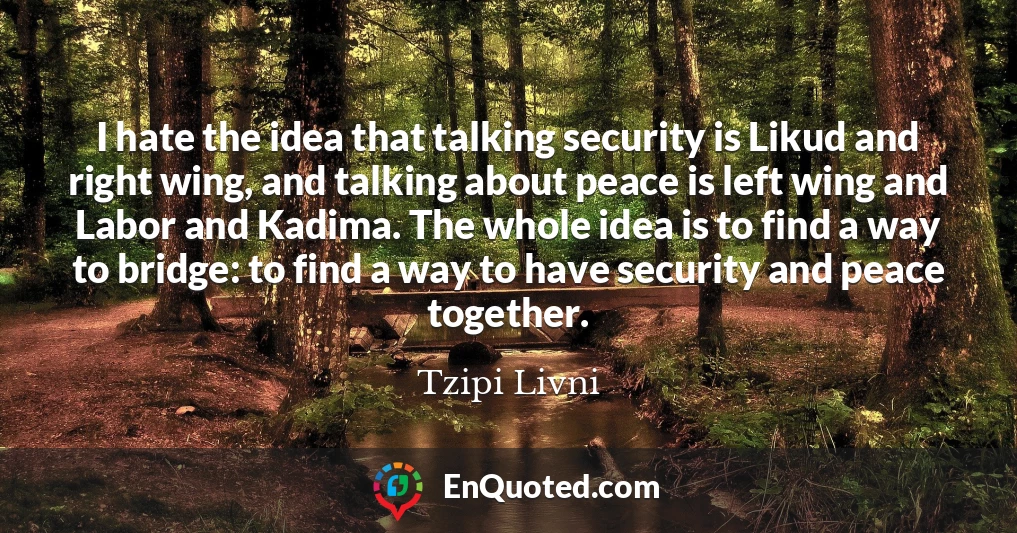 I hate the idea that talking security is Likud and right wing, and talking about peace is left wing and Labor and Kadima. The whole idea is to find a way to bridge: to find a way to have security and peace together.