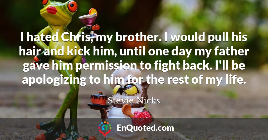 I hated Chris, my brother. I would pull his hair and kick him, until one day my father gave him permission to fight back. I'll be apologizing to him for the rest of my life.