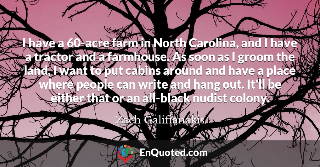 I have a 60-acre farm in North Carolina, and I have a tractor and a farmhouse. As soon as I groom the land, I want to put cabins around and have a place where people can write and hang out. It'll be either that or an all-black nudist colony.