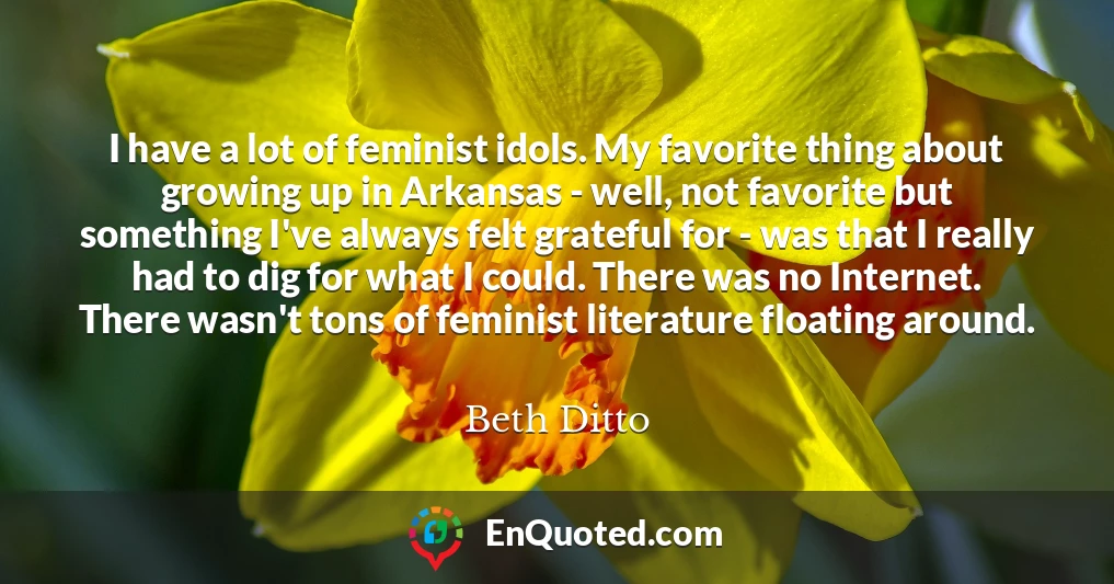 I have a lot of feminist idols. My favorite thing about growing up in Arkansas - well, not favorite but something I've always felt grateful for - was that I really had to dig for what I could. There was no Internet. There wasn't tons of feminist literature floating around.
