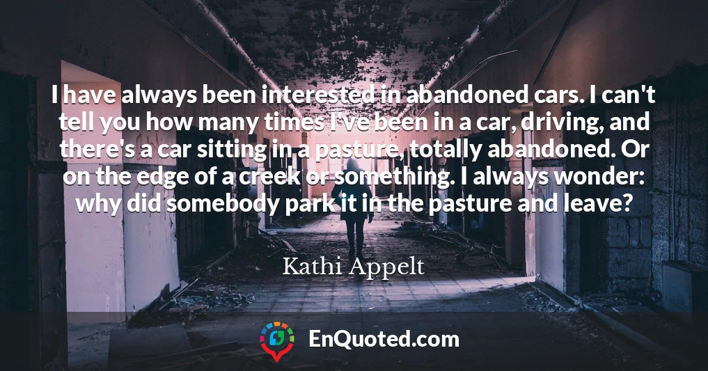 I have always been interested in abandoned cars. I can't tell you how many times I've been in a car, driving, and there's a car sitting in a pasture, totally abandoned. Or on the edge of a creek or something. I always wonder: why did somebody park it in the pasture and leave?