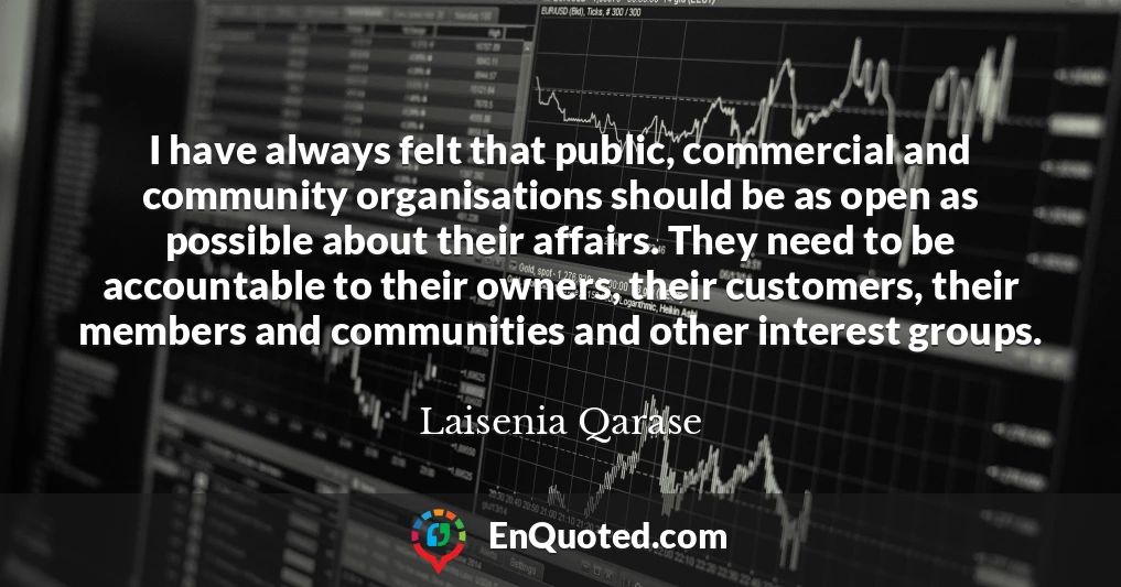 I have always felt that public, commercial and community organisations should be as open as possible about their affairs. They need to be accountable to their owners, their customers, their members and communities and other interest groups.