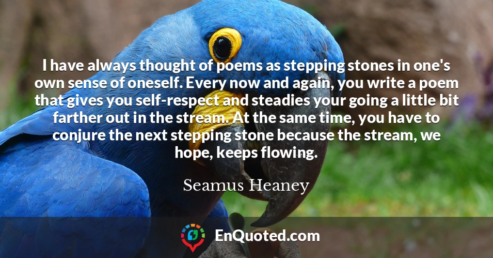 I have always thought of poems as stepping stones in one's own sense of oneself. Every now and again, you write a poem that gives you self-respect and steadies your going a little bit farther out in the stream. At the same time, you have to conjure the next stepping stone because the stream, we hope, keeps flowing.