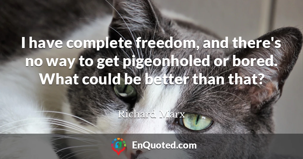 I have complete freedom, and there's no way to get pigeonholed or bored. What could be better than that?