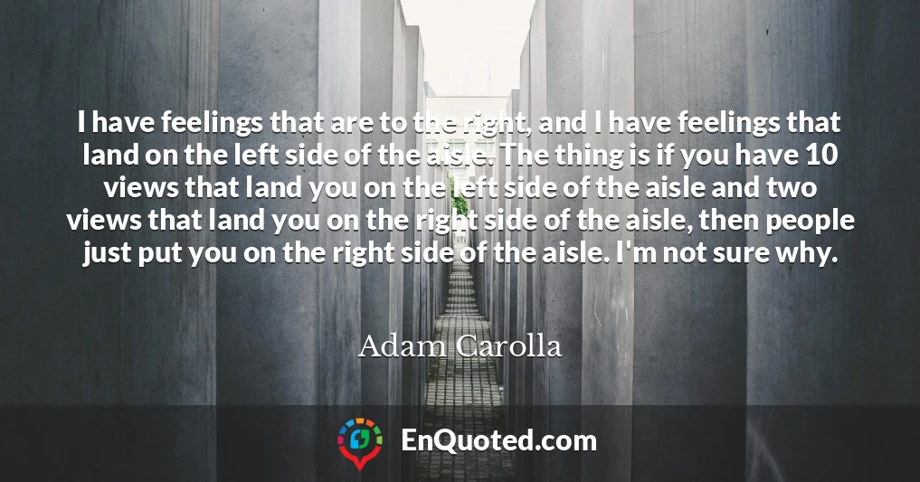 I have feelings that are to the right, and I have feelings that land on the left side of the aisle. The thing is if you have 10 views that land you on the left side of the aisle and two views that land you on the right side of the aisle, then people just put you on the right side of the aisle. I'm not sure why.