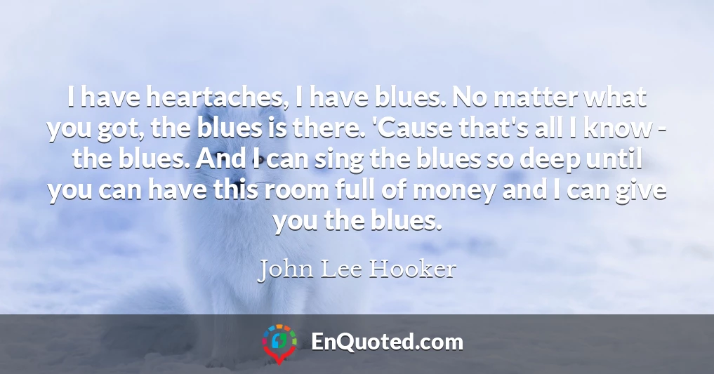 I have heartaches, I have blues. No matter what you got, the blues is there. 'Cause that's all I know - the blues. And I can sing the blues so deep until you can have this room full of money and I can give you the blues.