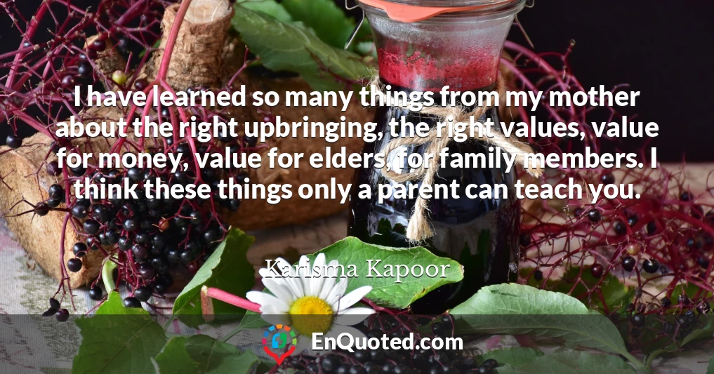 I have learned so many things from my mother about the right upbringing, the right values, value for money, value for elders, for family members. I think these things only a parent can teach you.