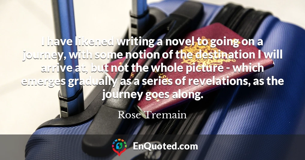 I have likened writing a novel to going on a journey, with some notion of the destination I will arrive at, but not the whole picture - which emerges gradually as a series of revelations, as the journey goes along.