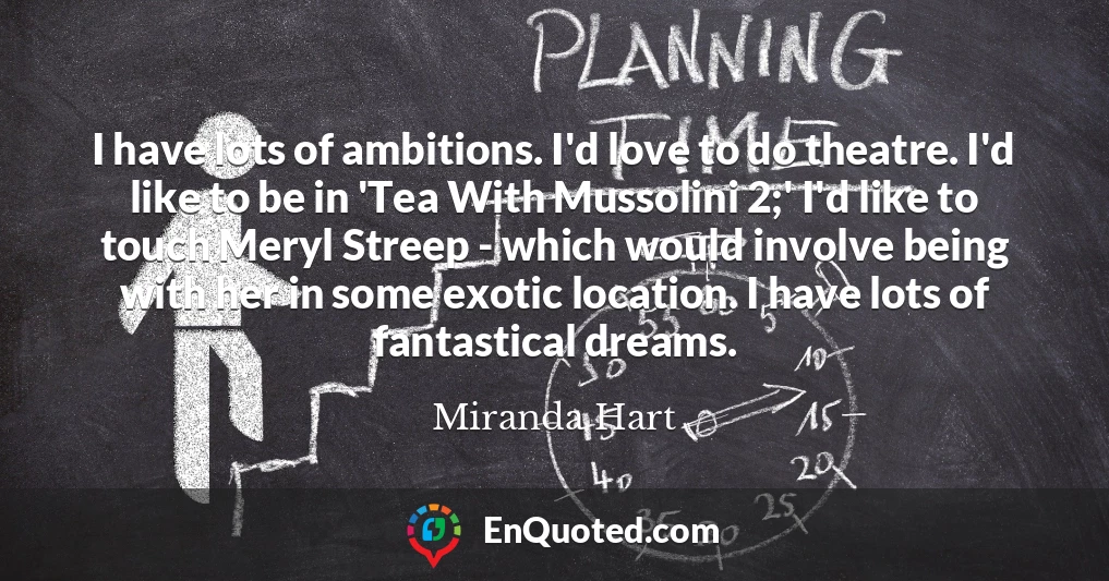 I have lots of ambitions. I'd love to do theatre. I'd like to be in 'Tea With Mussolini 2;' I'd like to touch Meryl Streep - which would involve being with her in some exotic location. I have lots of fantastical dreams.