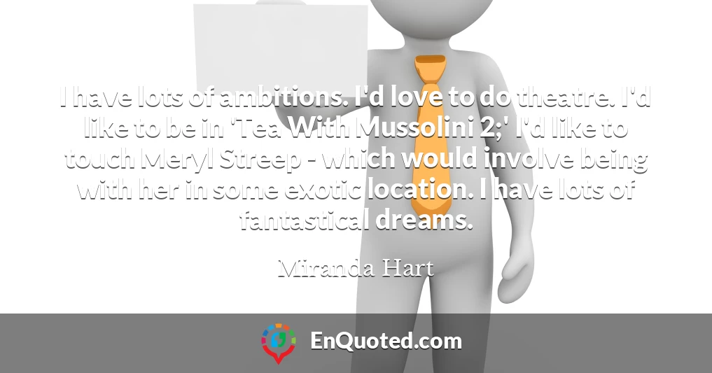 I have lots of ambitions. I'd love to do theatre. I'd like to be in 'Tea With Mussolini 2;' I'd like to touch Meryl Streep - which would involve being with her in some exotic location. I have lots of fantastical dreams.