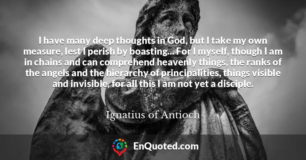 I have many deep thoughts in God, but I take my own measure, lest I perish by boasting... For I myself, though I am in chains and can comprehend heavenly things, the ranks of the angels and the hierarchy of principalities, things visible and invisible, for all this I am not yet a disciple.