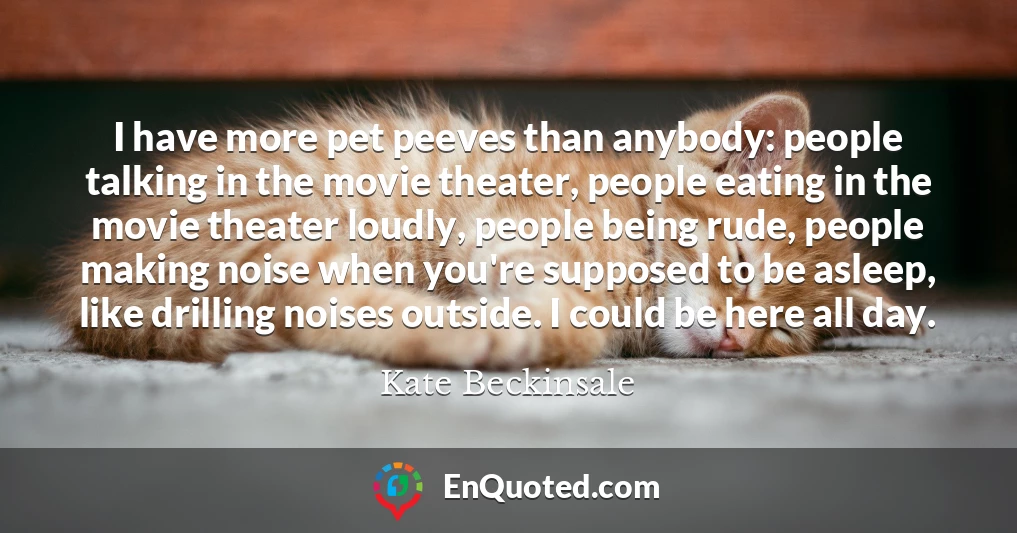 I have more pet peeves than anybody: people talking in the movie theater, people eating in the movie theater loudly, people being rude, people making noise when you're supposed to be asleep, like drilling noises outside. I could be here all day.