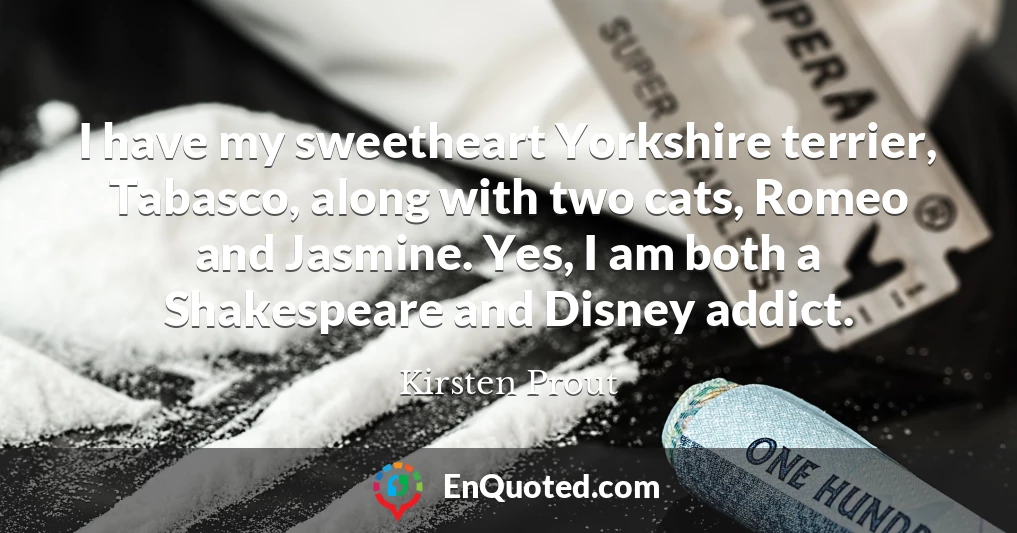 I have my sweetheart Yorkshire terrier, Tabasco, along with two cats, Romeo and Jasmine. Yes, I am both a Shakespeare and Disney addict.