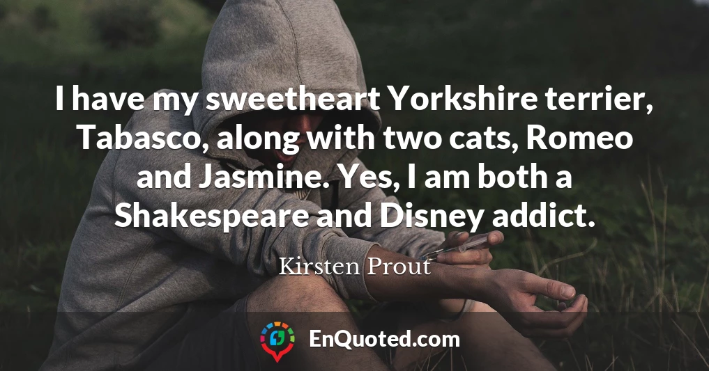 I have my sweetheart Yorkshire terrier, Tabasco, along with two cats, Romeo and Jasmine. Yes, I am both a Shakespeare and Disney addict.