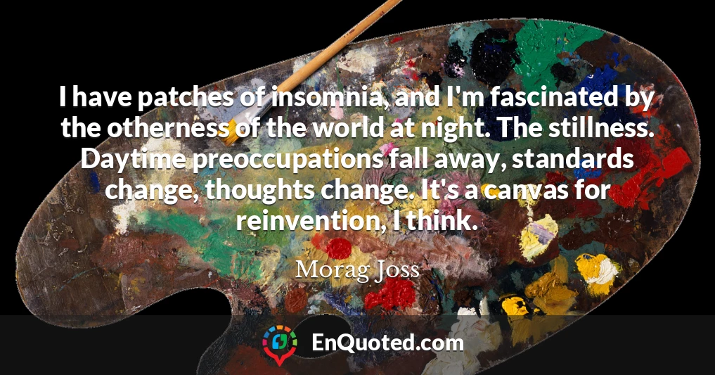 I have patches of insomnia, and I'm fascinated by the otherness of the world at night. The stillness. Daytime preoccupations fall away, standards change, thoughts change. It's a canvas for reinvention, I think.