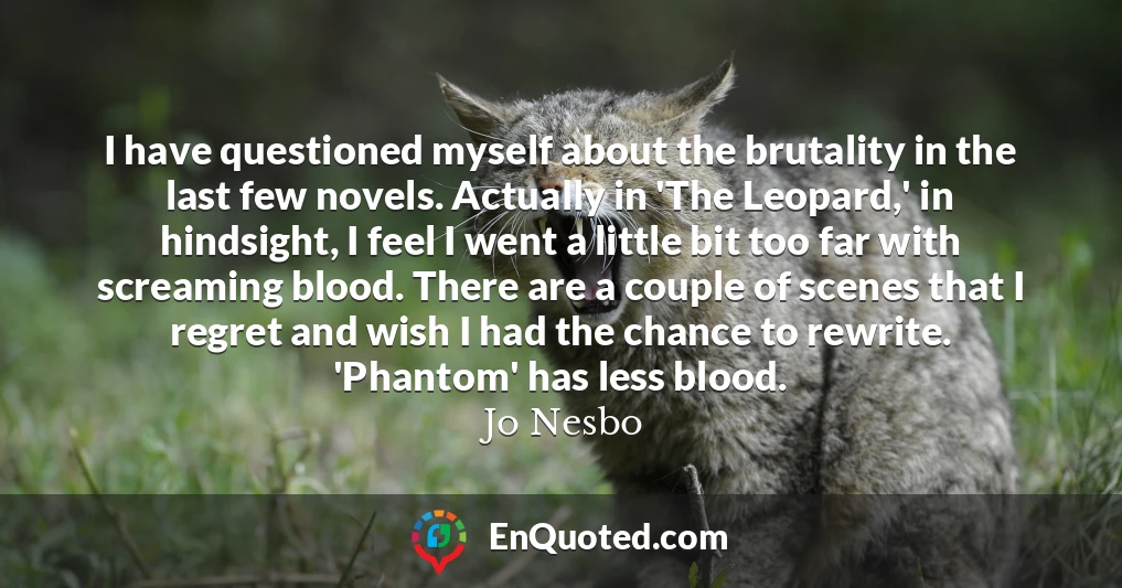 I have questioned myself about the brutality in the last few novels. Actually in 'The Leopard,' in hindsight, I feel I went a little bit too far with screaming blood. There are a couple of scenes that I regret and wish I had the chance to rewrite. 'Phantom' has less blood.