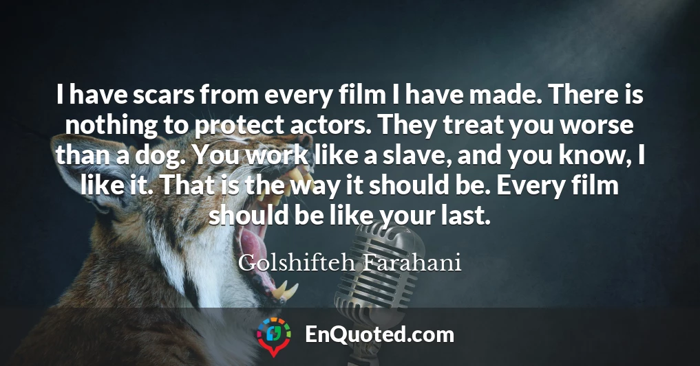 I have scars from every film I have made. There is nothing to protect actors. They treat you worse than a dog. You work like a slave, and you know, I like it. That is the way it should be. Every film should be like your last.