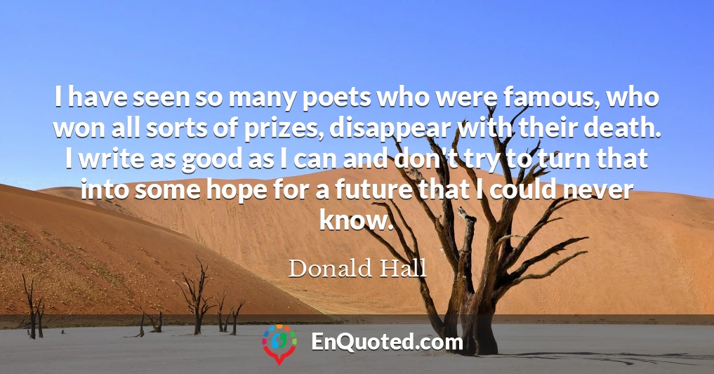 I have seen so many poets who were famous, who won all sorts of prizes, disappear with their death. I write as good as I can and don't try to turn that into some hope for a future that I could never know.