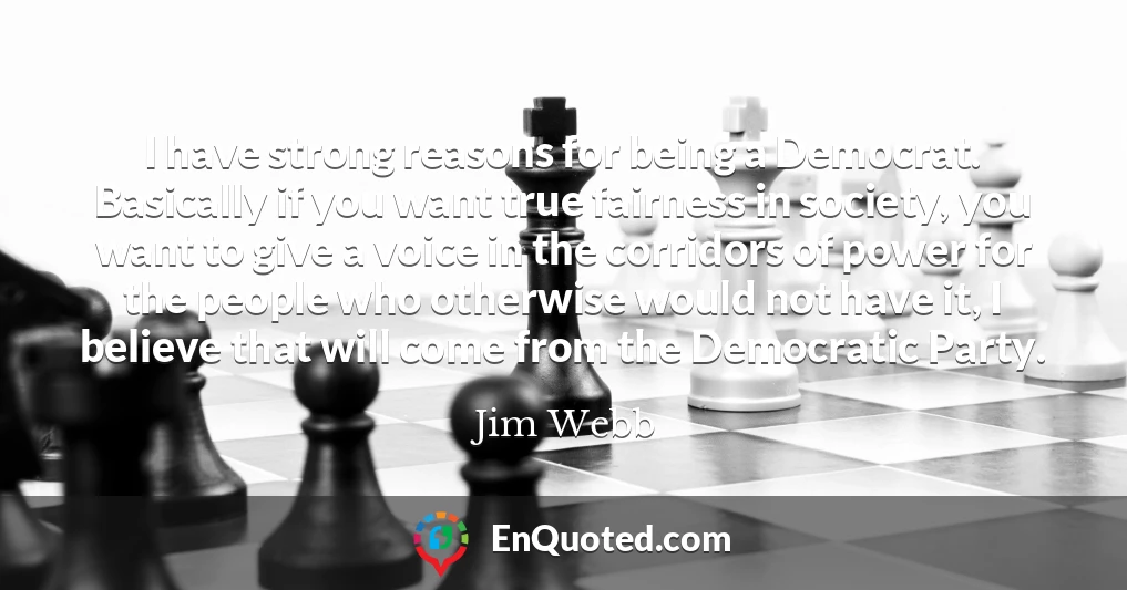 I have strong reasons for being a Democrat. Basically if you want true fairness in society, you want to give a voice in the corridors of power for the people who otherwise would not have it, I believe that will come from the Democratic Party.