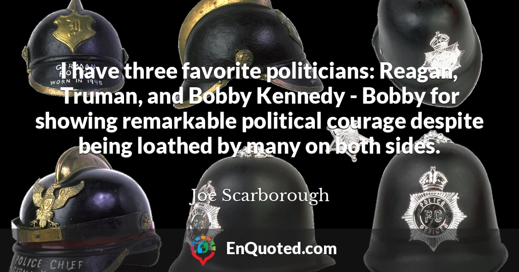 I have three favorite politicians: Reagan, Truman, and Bobby Kennedy - Bobby for showing remarkable political courage despite being loathed by many on both sides.