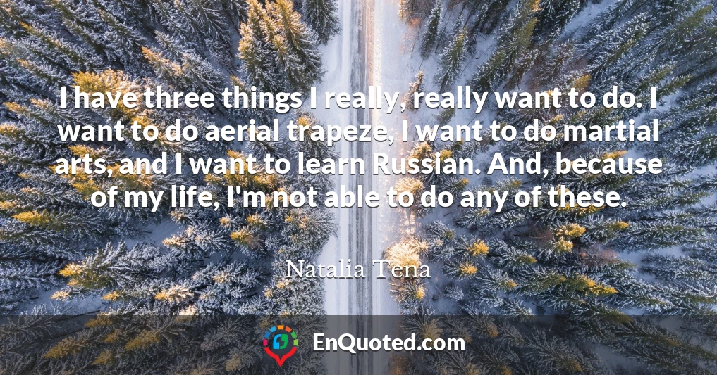 I have three things I really, really want to do. I want to do aerial trapeze, I want to do martial arts, and I want to learn Russian. And, because of my life, I'm not able to do any of these.