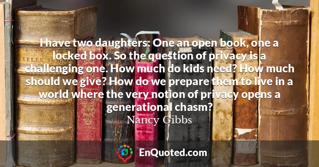 I have two daughters: One an open book, one a locked box. So the question of privacy is a challenging one. How much do kids need? How much should we give? How do we prepare them to live in a world where the very notion of privacy opens a generational chasm?