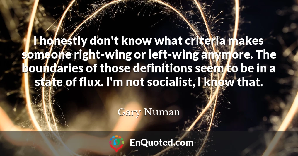 I honestly don't know what criteria makes someone right-wing or left-wing anymore. The boundaries of those definitions seem to be in a state of flux. I'm not socialist, I know that.