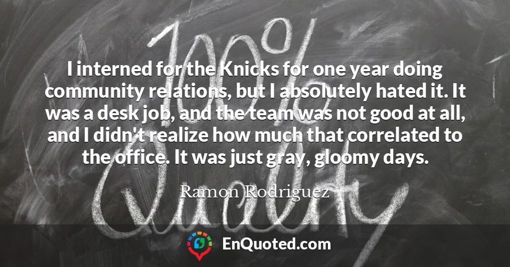I interned for the Knicks for one year doing community relations, but I absolutely hated it. It was a desk job, and the team was not good at all, and I didn't realize how much that correlated to the office. It was just gray, gloomy days.