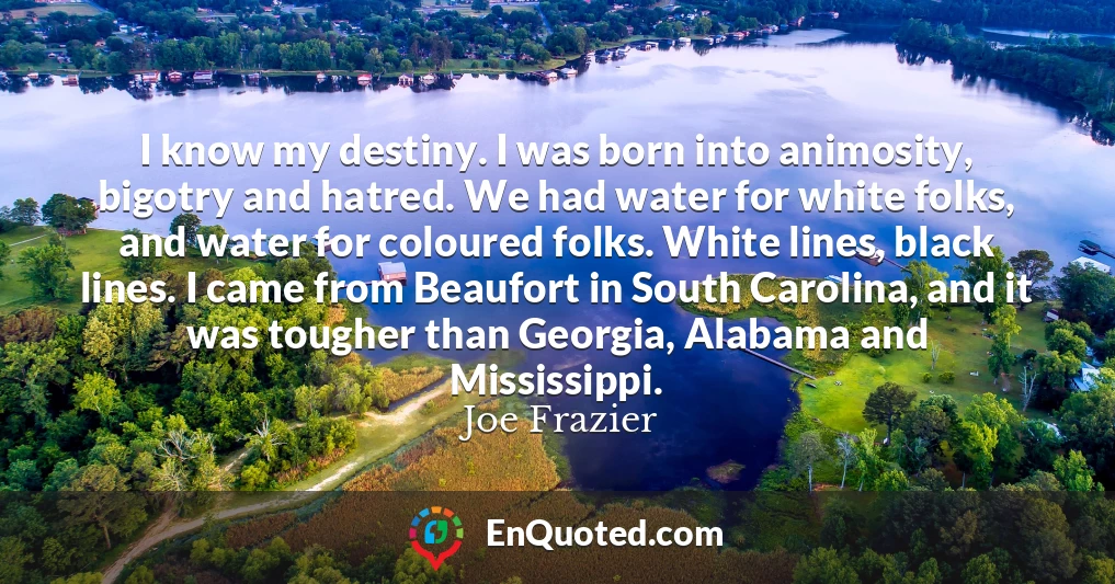 I know my destiny. I was born into animosity, bigotry and hatred. We had water for white folks, and water for coloured folks. White lines, black lines. I came from Beaufort in South Carolina, and it was tougher than Georgia, Alabama and Mississippi.