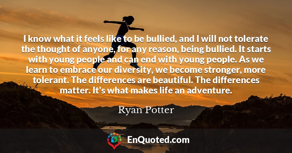 I know what it feels like to be bullied, and I will not tolerate the thought of anyone, for any reason, being bullied. It starts with young people and can end with young people. As we learn to embrace our diversity, we become stronger, more tolerant. The differences are beautiful. The differences matter. It's what makes life an adventure.