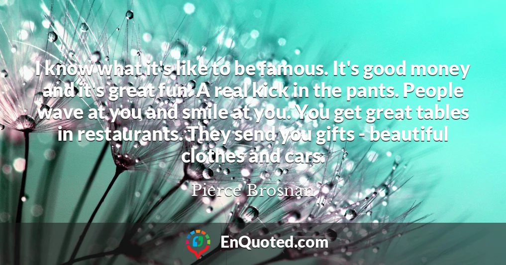 I know what it's like to be famous. It's good money and it's great fun. A real kick in the pants. People wave at you and smile at you. You get great tables in restaurants. They send you gifts - beautiful clothes and cars.