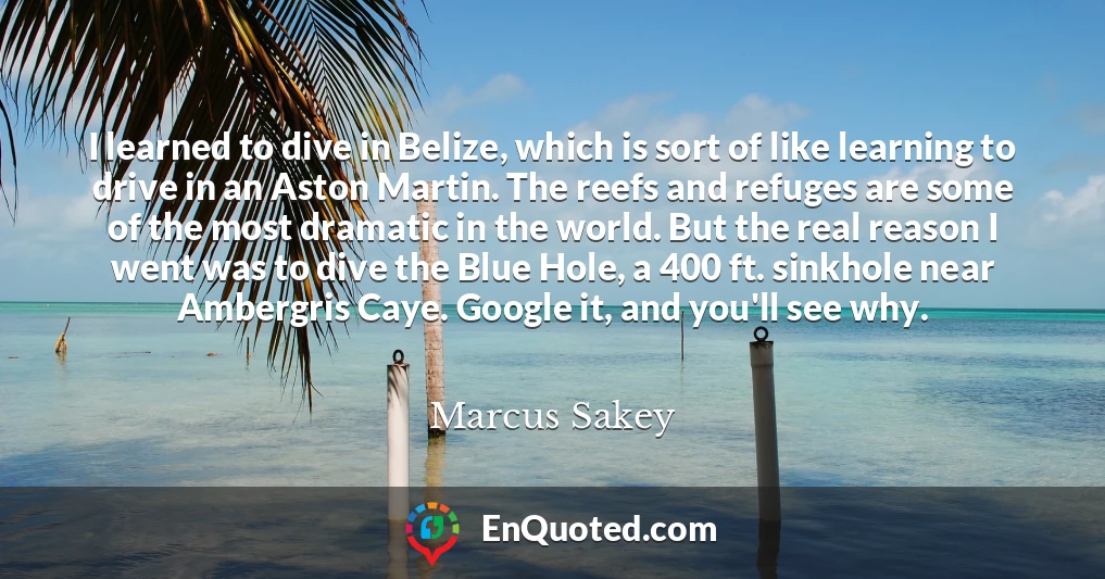 I learned to dive in Belize, which is sort of like learning to drive in an Aston Martin. The reefs and refuges are some of the most dramatic in the world. But the real reason I went was to dive the Blue Hole, a 400 ft. sinkhole near Ambergris Caye. Google it, and you'll see why.