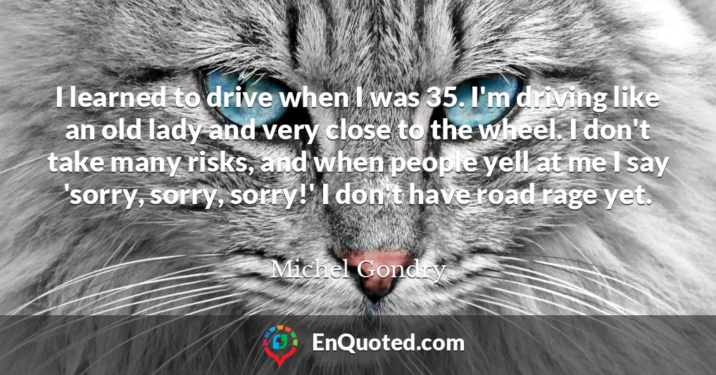 I learned to drive when I was 35. I'm driving like an old lady and very close to the wheel. I don't take many risks, and when people yell at me I say 'sorry, sorry, sorry!' I don't have road rage yet.
