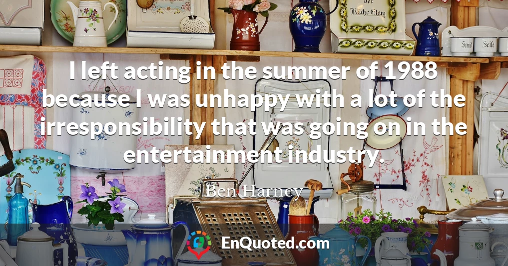 I left acting in the summer of 1988 because I was unhappy with a lot of the irresponsibility that was going on in the entertainment industry.