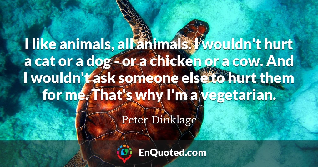 I like animals, all animals. I wouldn't hurt a cat or a dog - or a chicken or a cow. And I wouldn't ask someone else to hurt them for me. That's why I'm a vegetarian.